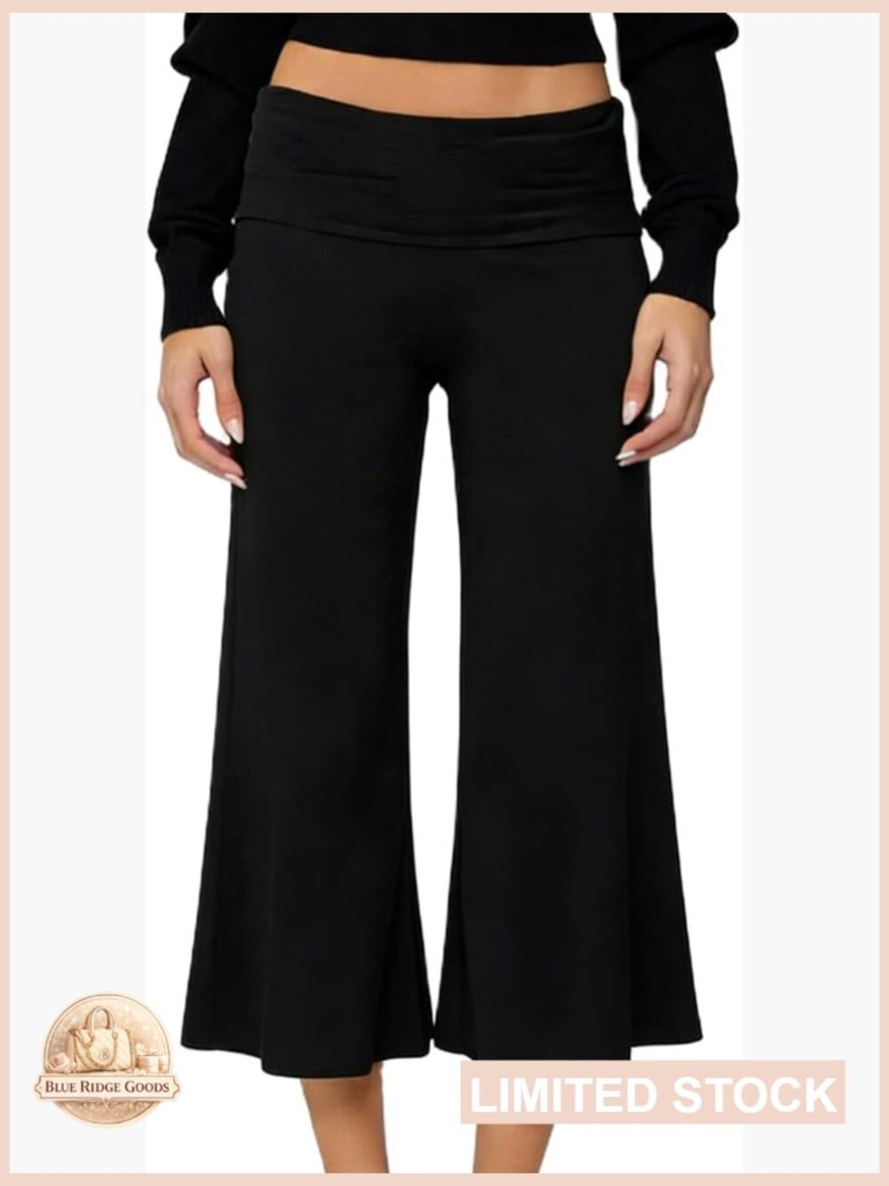 Y2K Fold Over Capri Pants Wide Leg Low Rise Elastic Waist Stretch Yoga Flare